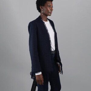 Malene Birger Sineaka Frayed Bouclé Blazer Fringe Hem Metallic/Blue Jacket XL
